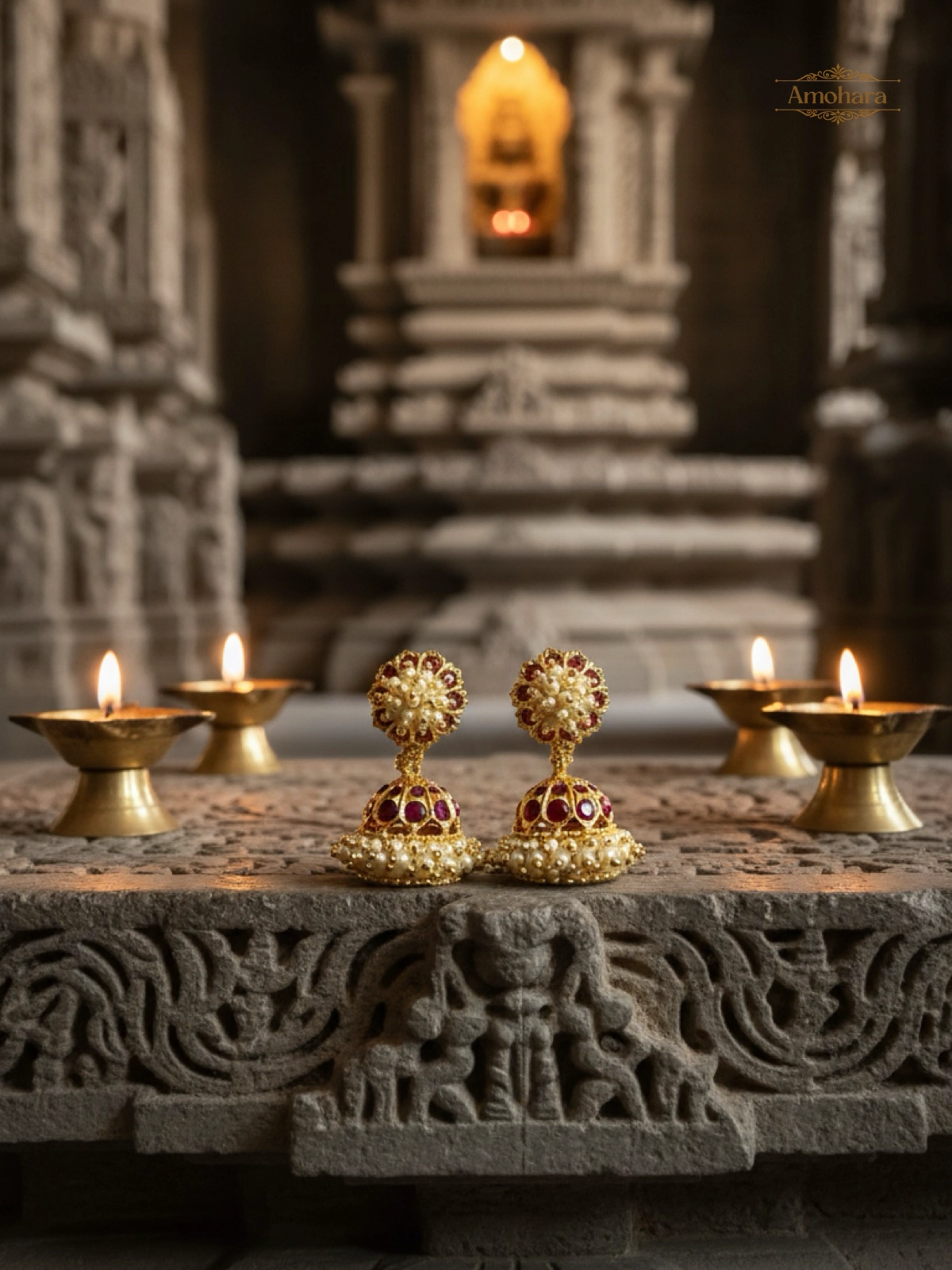 Ruby Pearl Panchaloham Temple Jhumkas