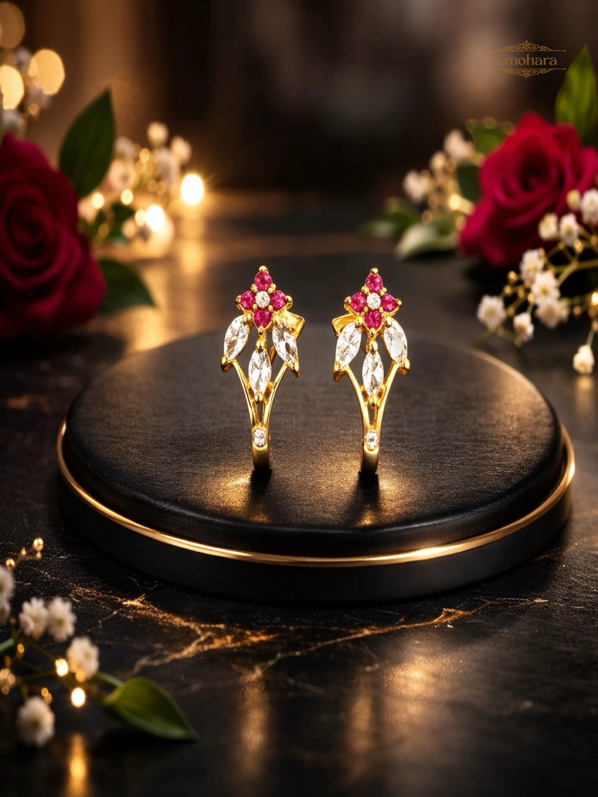 J-shaped studs Red& white floral