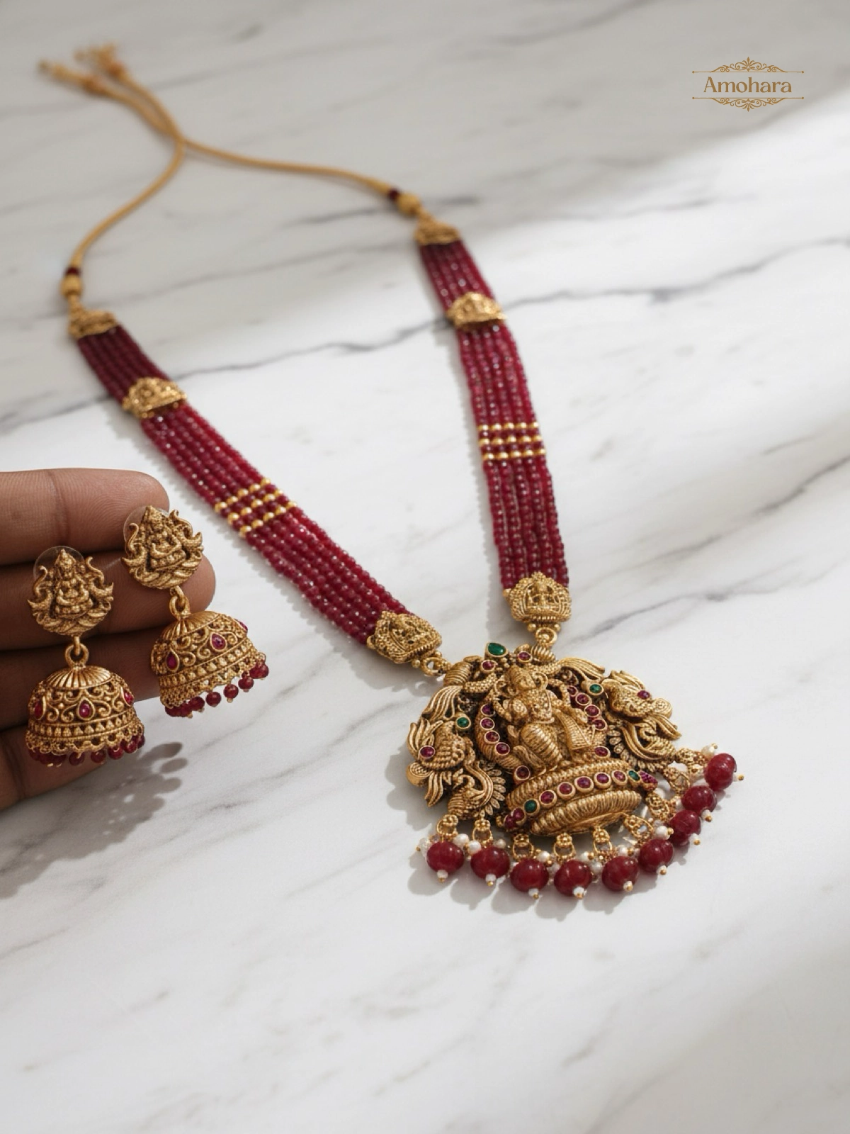 Lakshmi Ruby Beaded Haram with Jhumka Set