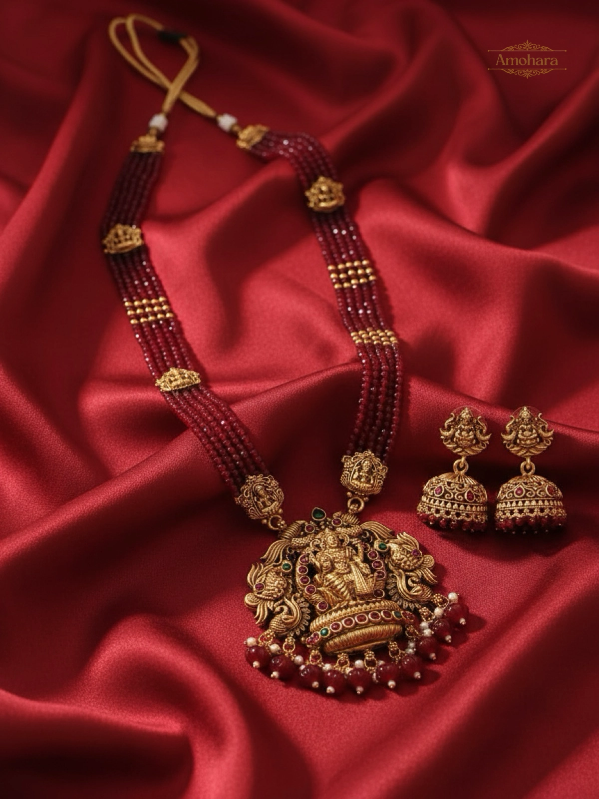 Lakshmi Ruby Beaded Haram with Jhumka Set