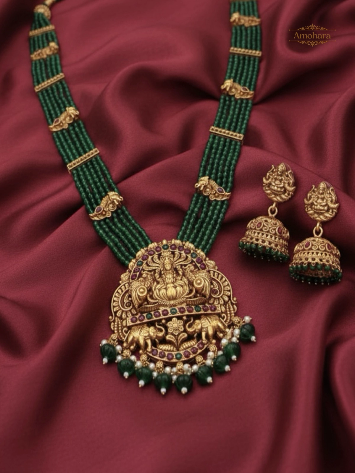 Lakshmi Emerald Beaded Temple Necklace Set