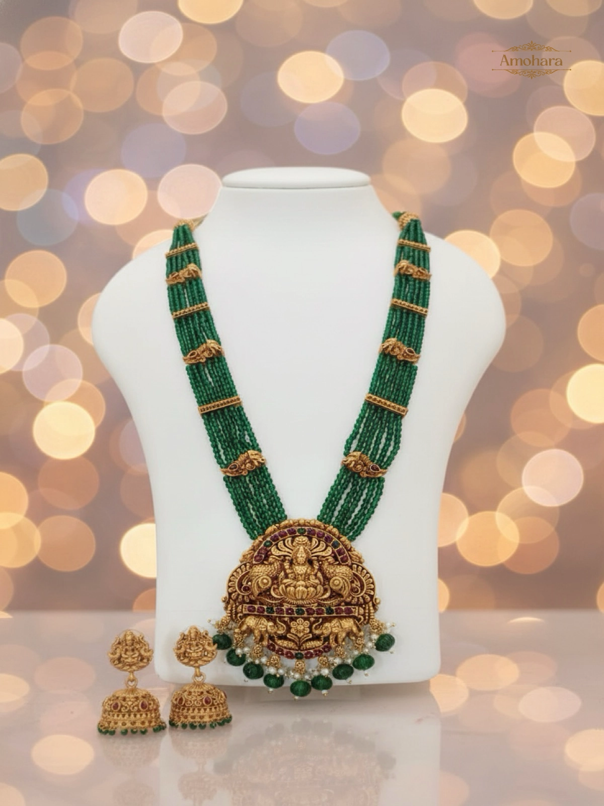 Lakshmi Emerald Beaded Temple Necklace Set